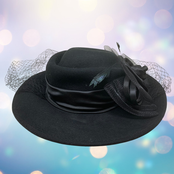 Elegant Black Wide Brim Dress Hat Rose Mesh Organza Bow Veil Church Derby Wool - Picture 3 of 9